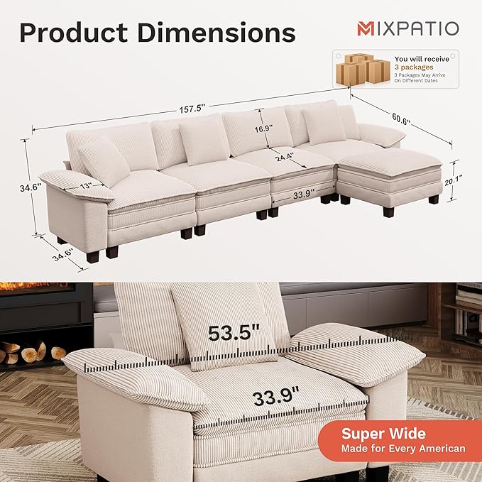 MIXPATIO 157-Inch L Shaped Sectional Sofa with Cloud Cushions, Deep Seat Modular Couch Set w/ 5 Seats & 1 Ottomans, Plush Chenille & Corduroy Upholstery for Living Room, Apartment - Beige