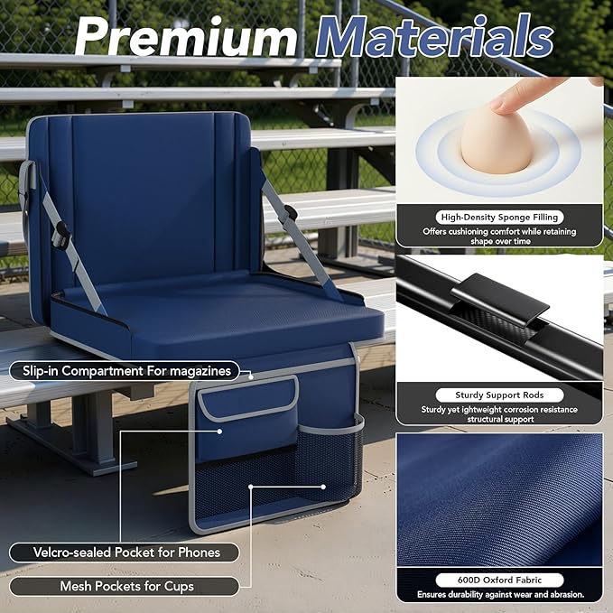 janiry Stadium Seats with Back Support 2PACKS Adjustable Bleacher Chairs with Back and Cushion Bleacher Seat with Cup Holder, Carry Handle & Shoulder Strap for Outdoor Sports Events, Picnics, Beaches