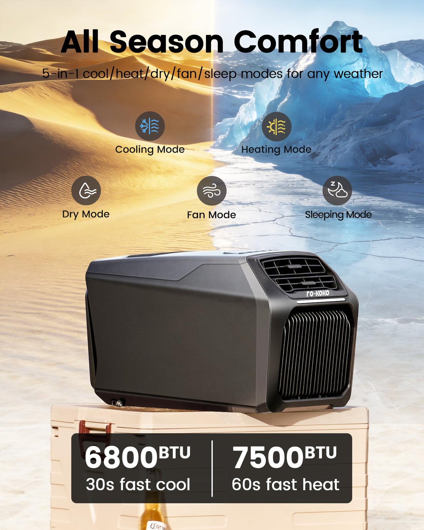 FO-KOKO Dual Hose 6800 BTU Portable Camping Air Conditioner & Heating, 5-in-1 Quiet Small AC Unit with 550W, Windowless AC for Tent, RV, Van, Car, Garage, Indoor & Outdoor Use(Silver)