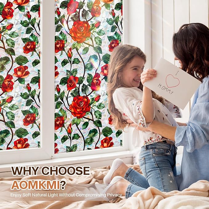 Stained Glass Window Film, Rose Floral Privacy UV Resistant, Removable Static Cling Rainbow Window Decals, Sun Blocking Decor for Bedroom Living Room, 16.93x78.74 Inch