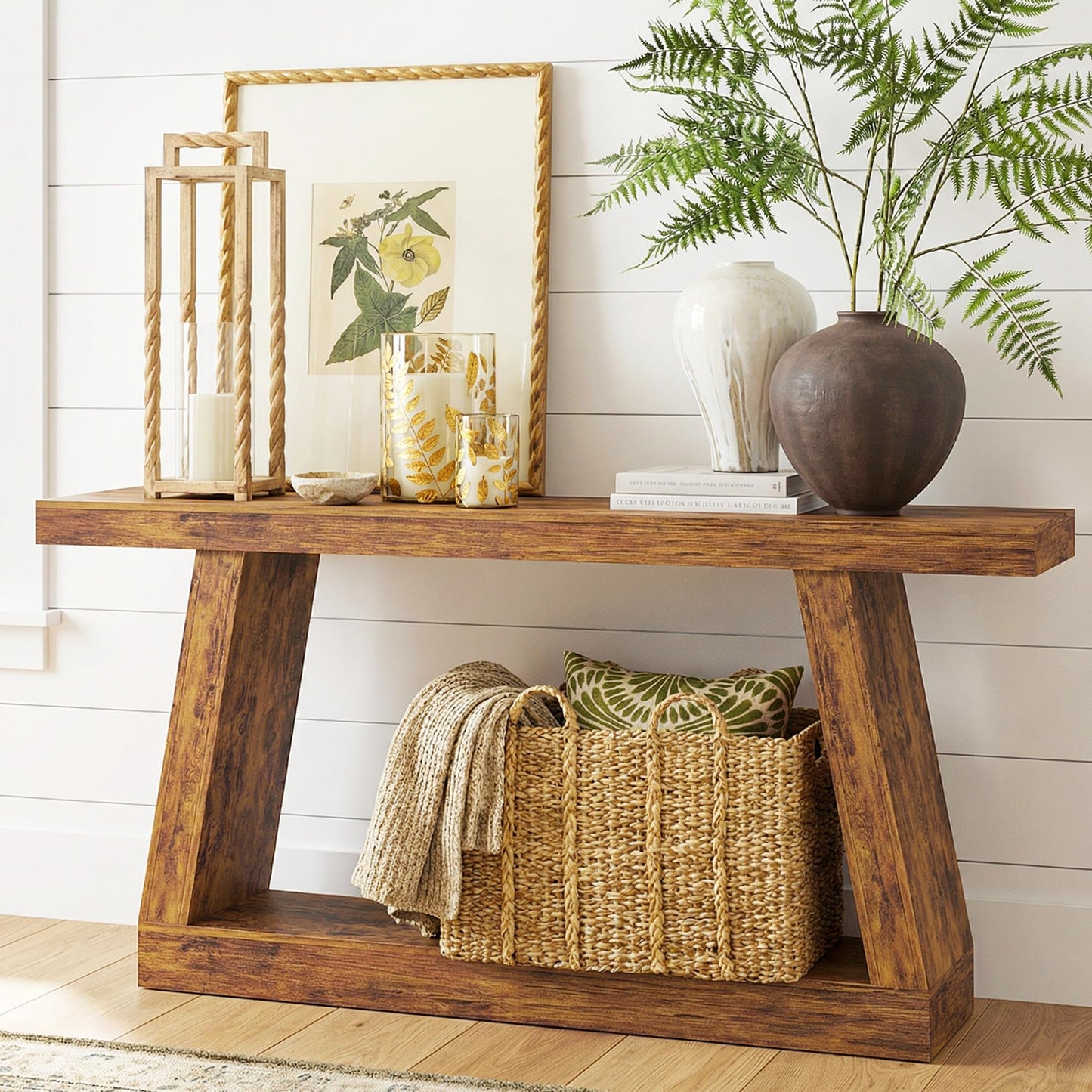 HOMCOM 55.1" Entryway Table, 2-Tier Farmhouse Console Table with Thickened Tabletop, Storage Shelf and Trapezoidal Base for Entryway, Behind Couch Sofa, Living Room, Hallway, Entrance, Rustic Brown