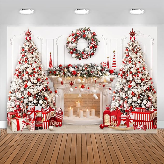 Mocsicka Christmas Fireplace Backdrop White Red Christmas Tree Photography Background Winter Fireplace Family Kids Holiday...