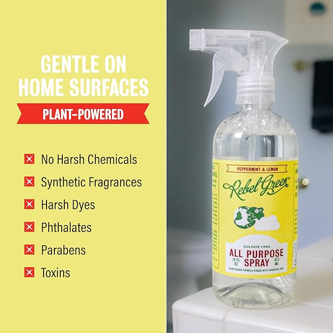 Rebel Green Natural All-Purpose Cleaning Spray - Plant-Based Multi-Surface Cleaner with Essential Oils for Kitchen, Bath, Countertops and More - Peppermint & Lemon Scent - 16 oz - 2 Pack