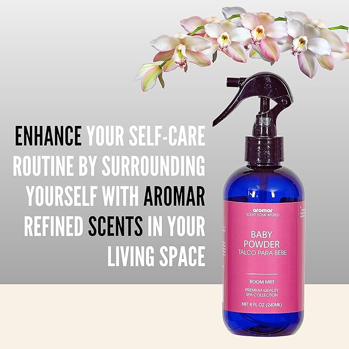 Aromar Essential Room Mist and Fabric Spray with Natural Freshener Aromatherapy for a Fresh and Rejuvenated Home 8 oz Baby Powder