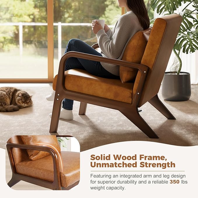 ELUCHANG Mid-Century Modern Chair,Upholstered Accent Chair Reading Arm Chair with Cushion & Lumbar Pillow & Solid Wood Frame for Lounge, Living Room, Bedroom, Office, Brown-PU Leather, 2PCS