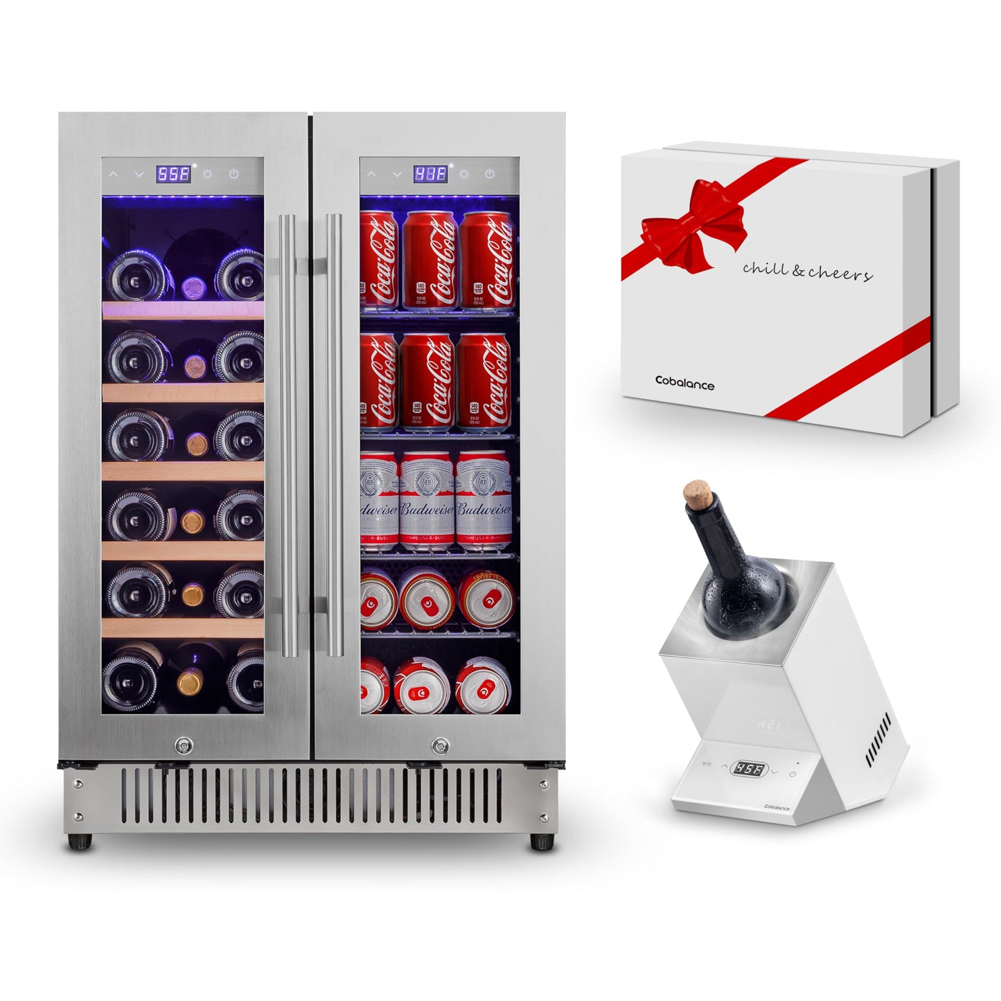 Cobalance 24 Inch Dual Zone Wine and Beer Refrigerator-72 Cans and 20 Bottles Cooler, & Single Bottle Wine Chiller,Built-in or Freestanding Fridge for Beer, Soda, Drinks, Home, Bar