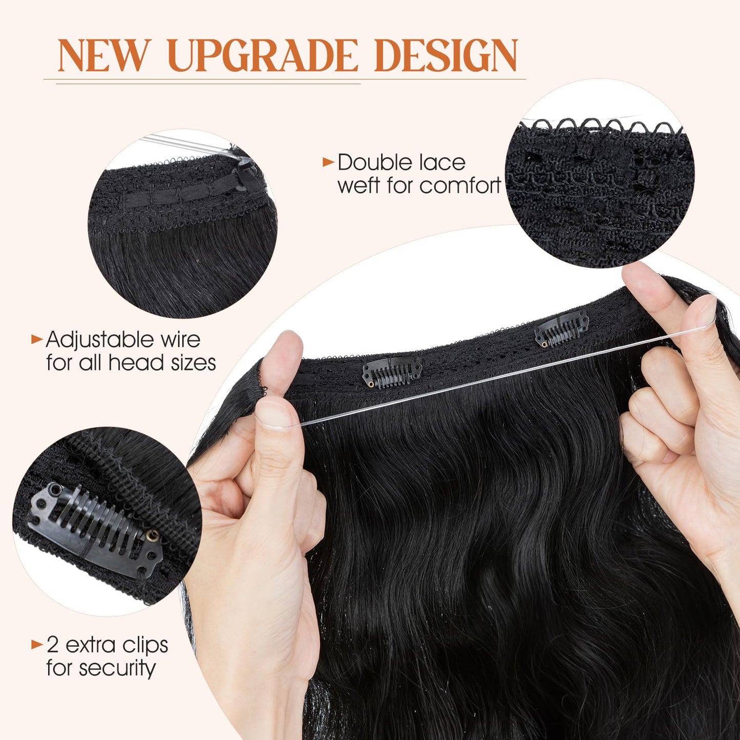 S-noilite Wavy Halo Hair Extensions Real Human Hair,20Inch Invisible Wire Hair Extensions,2 Clips Halo Extensions for Women(Jet