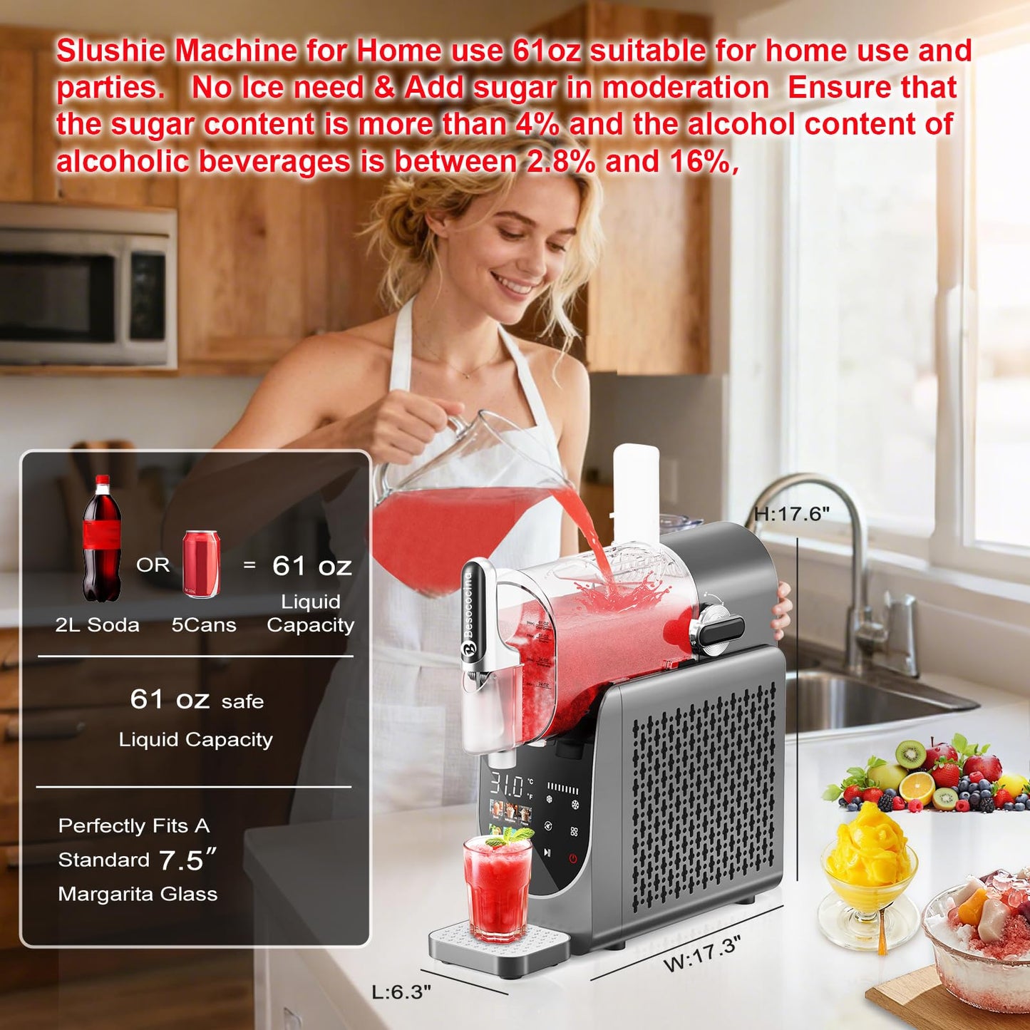 Slushie Machine 84oz, Slushy Machine for Home, Frozen Drink Machine with One-Touch Screen, 6 Preset Programs, Auto Clean, No Ice Needed, Dishwasher Safe Parts, for Margaritas, Frappés and More (84oz)