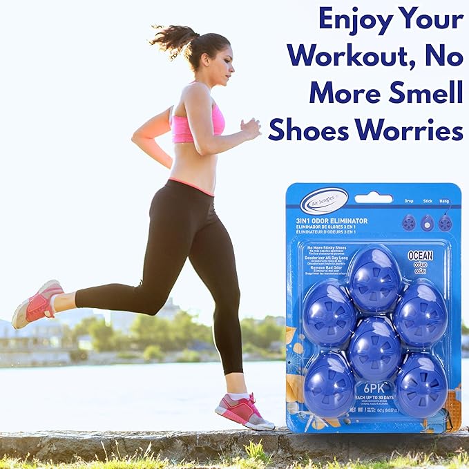 Air Jungles Shoes Deodorizer Ball 6 Count, Ocean Scent, Odor Remover Balls for Sneakers, Gym Bags, Lockers, Closets, Hampers, and Drawers. Essential Oil Provides Natural Freshness