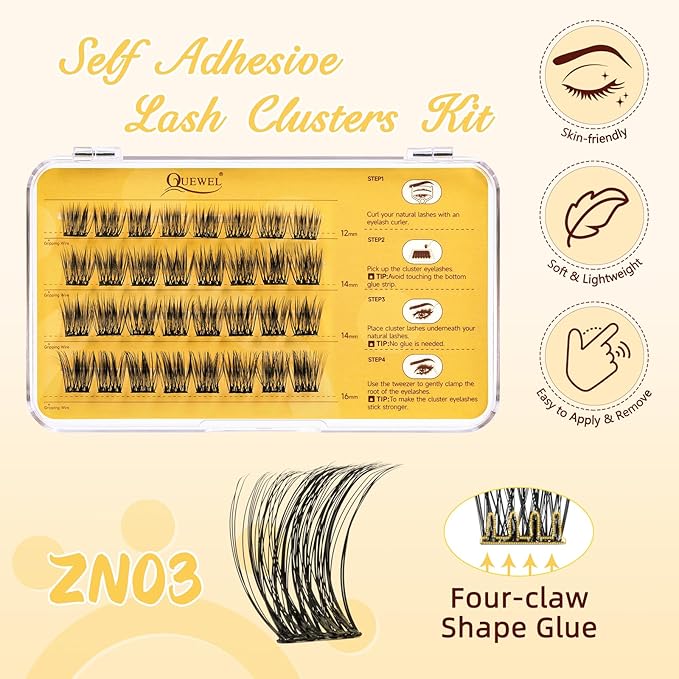 QUEWEL Self Adhesive Eyelashes Natural Look, No Glue Needed Lash Clusters with Eyelash Clusters Tweezer, 32 Pcs Reusable Lashes Self Adhesive for Beginners, DIY Lash Extensions for Home Use(ZN-03)