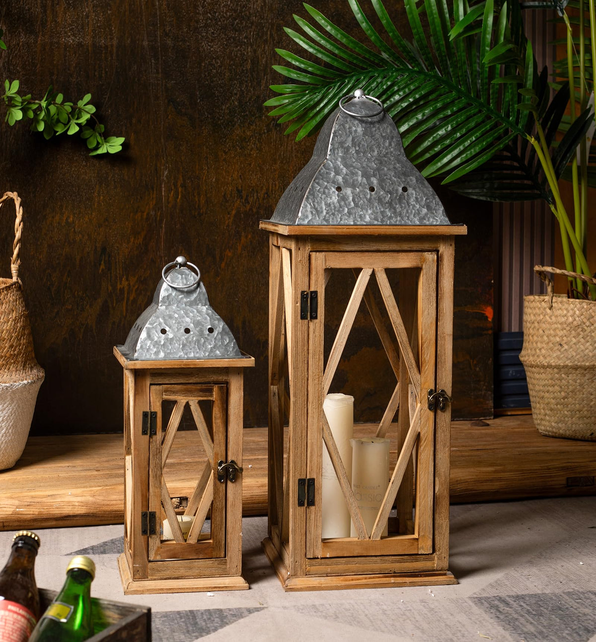 Large Farmhouse Wooden Metal Lantern Set of 2, Rustic Decorative Floor Candle Lanterns, Indoor/Outdoor Hanging Lanterns for Home Decor (No Glass)