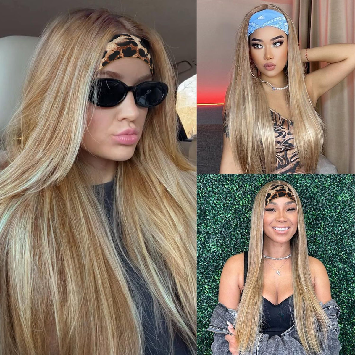 SAPPHIREWIGS Straight Headband Wigs for Women Long Straight Highlight Natural Blonde Synthetic Wigs Heat Resistant Natural Looki