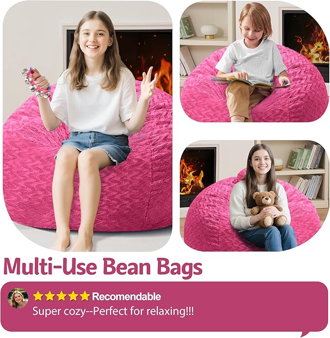 2FT Bean Bag Chair,Giant Bean Bag Chairs for Adults,Big Bean Bags with Memory Foam Filled, Large Beanbag Chairs with Chevron Plush Cover-Pink