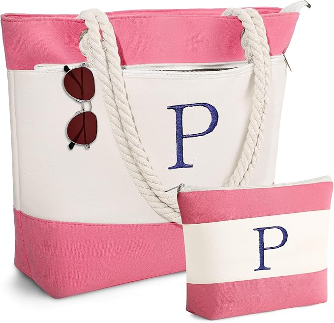 YOOLIFE Beach Bags for Women - Initial Canvas Tote Waterproof Bag with Makeup Bag Gifts for Women Mom Friend Birthday Her