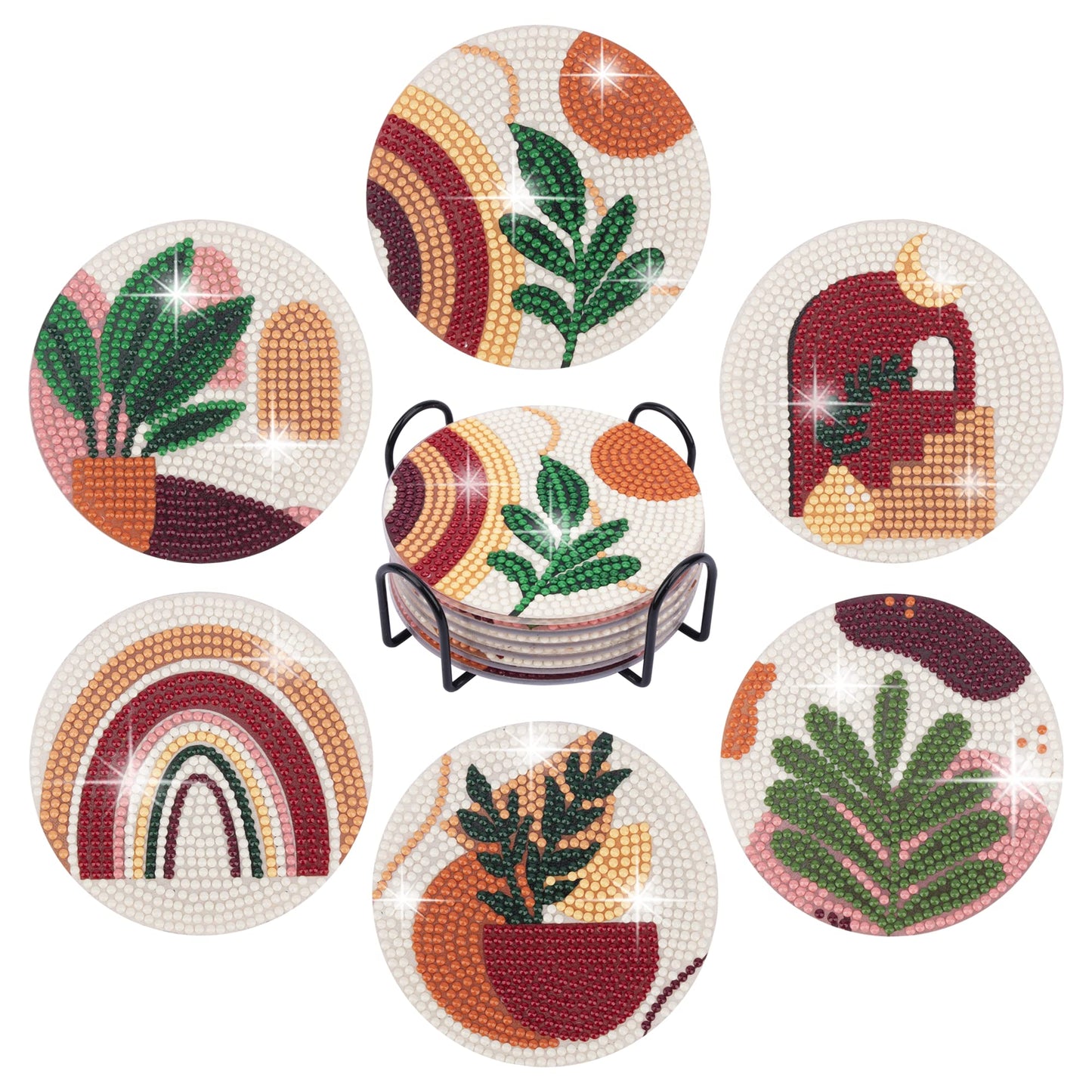 Temlum 6 Pcs Diamond Painting Coasters with Holder, Abstract Plants Coasters Diamond Art Kits for Beginners, Adults Small Diamond Painting Kit Art Craft Supplies