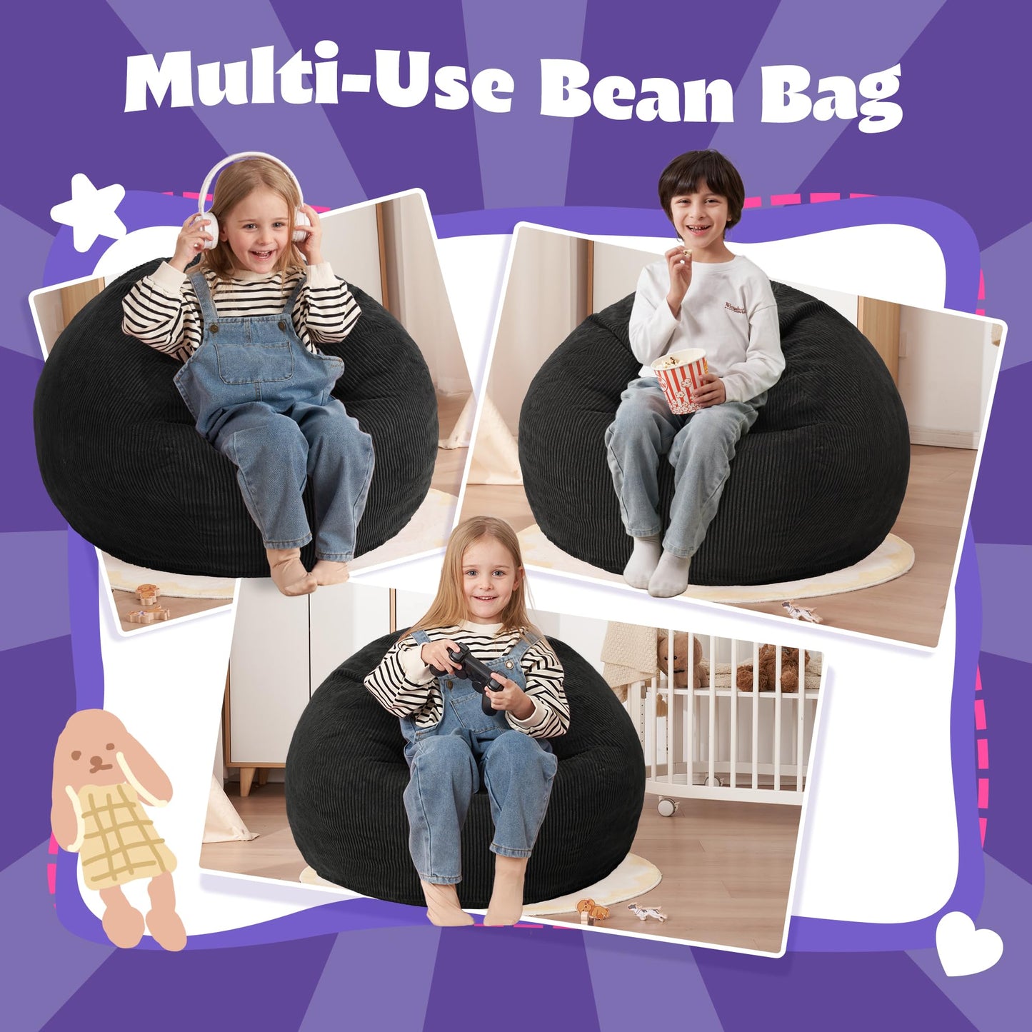 HABUTWAY 2 FT Bean Bag Chair,Giant Bean Bag Chairs,Big Bean Bags with Memory Foam Filled, Large Beanbag Chairs with Soft Corduroy Cover-Black