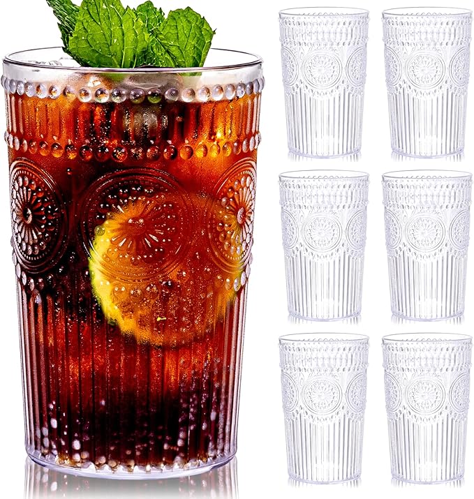Ciaell 12 Pack Romantic Plastic Water Glasses - 14 Oz Clear Vintage Drinking Glasses, Embossed Ribbed Plastic Cups, Textur...