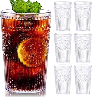 Ciaell 12 Pack Romantic Plastic Water Glasses - 14 Oz Clear Vintage Drinking Glasses, Embossed Ribbed Plastic Cups, Textur...