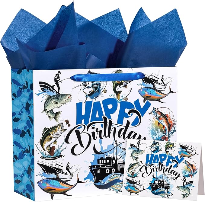 WRAPAHOLIC 13" Adventure Fishing Birthday Gift Bag with Card and Tissue Paper - Navy Blue Fish and Angler Design Paper Bag...
