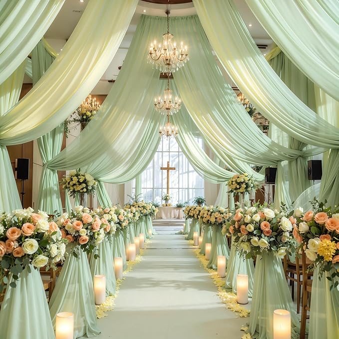 Wedding Arch Draping Fabric, 1 Panel 18FT Sage Green Sheer Backdrop Curtain Chiffon Fabric Drapery Voile Scarf Draping Panels for Wedding Archway Ceremony Curtain Valance Party Decoration