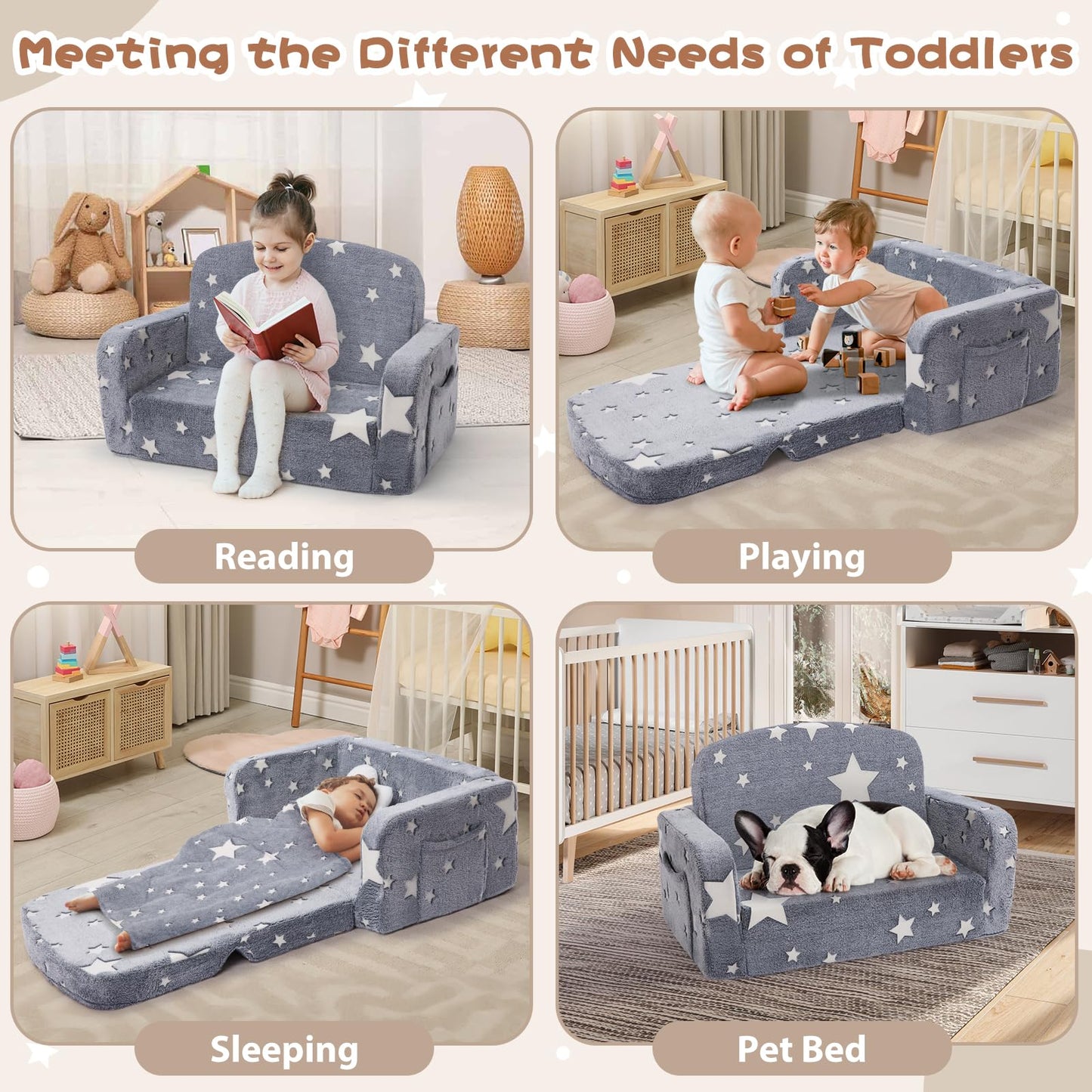 Foryoomi Extra Wide Kids Couch, 2-in-1 Soft Toddler Couch with Blanket, Glow in The Dark, Comfy Toddler Chair with Cloud Pillow, Convertible Sofa to Lounger, Star