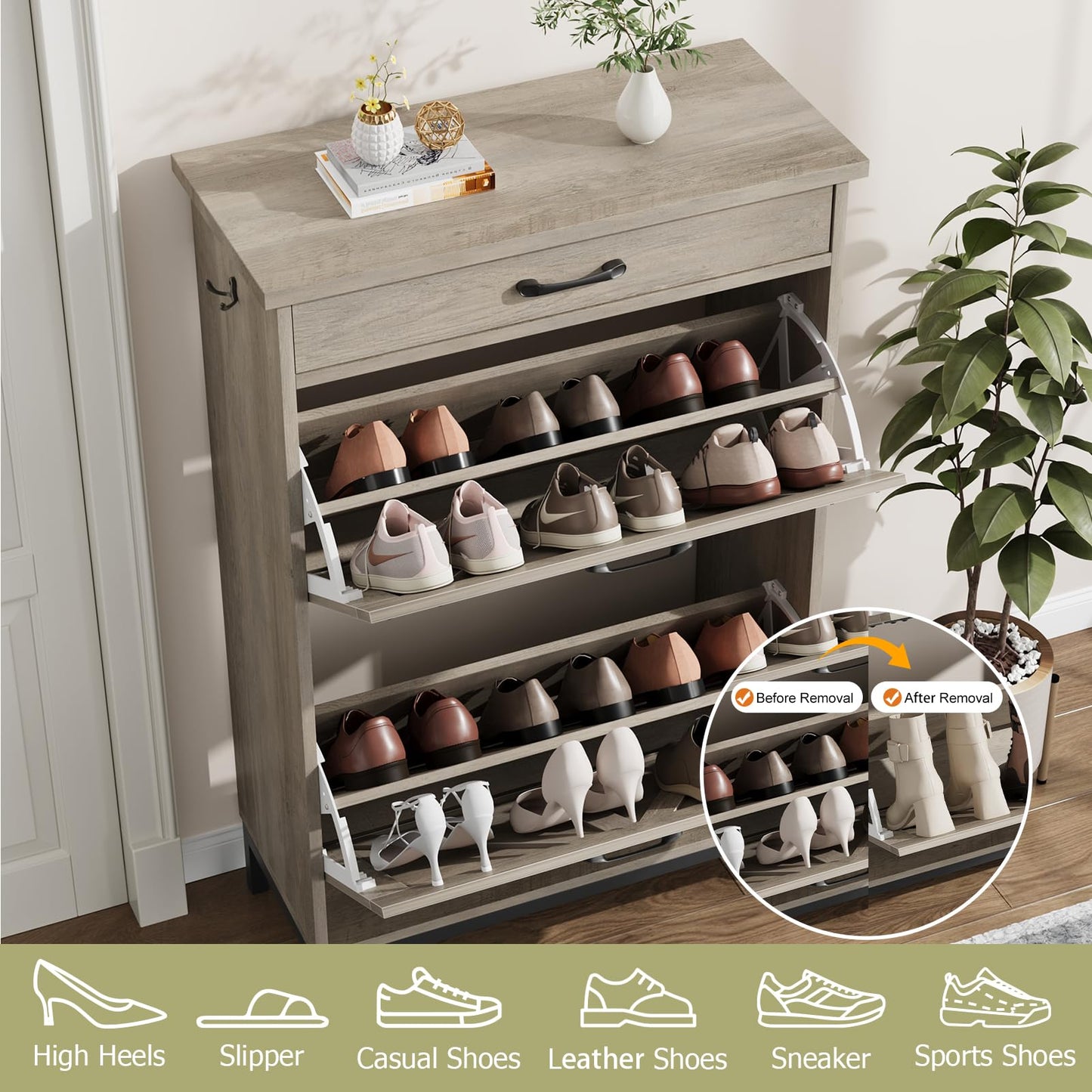 Jocoevol Shoe Storage Cabinet with 2 Flip Drawers, Narrow Shoe Cabinet for Entryway with 1 Top Drawer, Freestanding Hidden Shoe Rack Cabinet with Metal Legs for Foyer, Hallway (Grey)