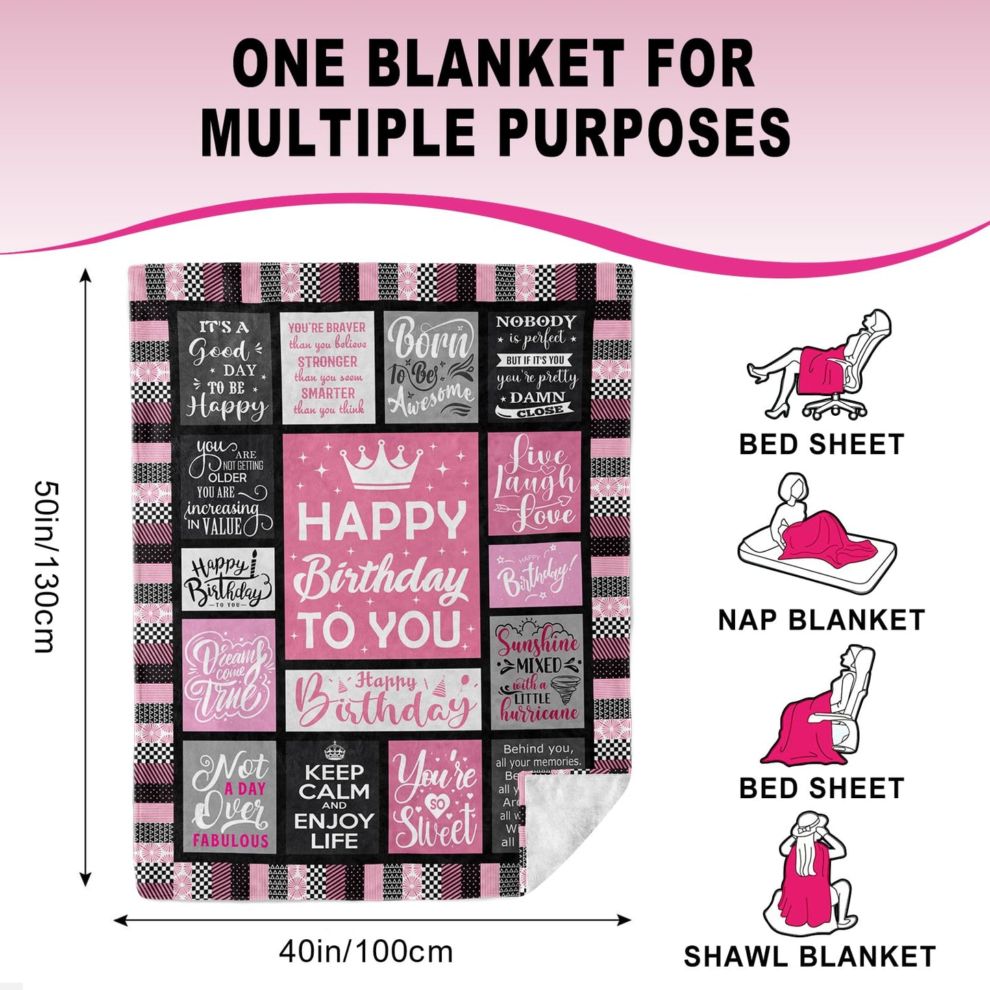 Atokker Birthday Gifts for Women, Happy Birthday Decorations Blanket, Gifts for Women Birthday Unique, Best Friend Friendship Gifts for Bestie BFF Throw Blanket 50"x60"