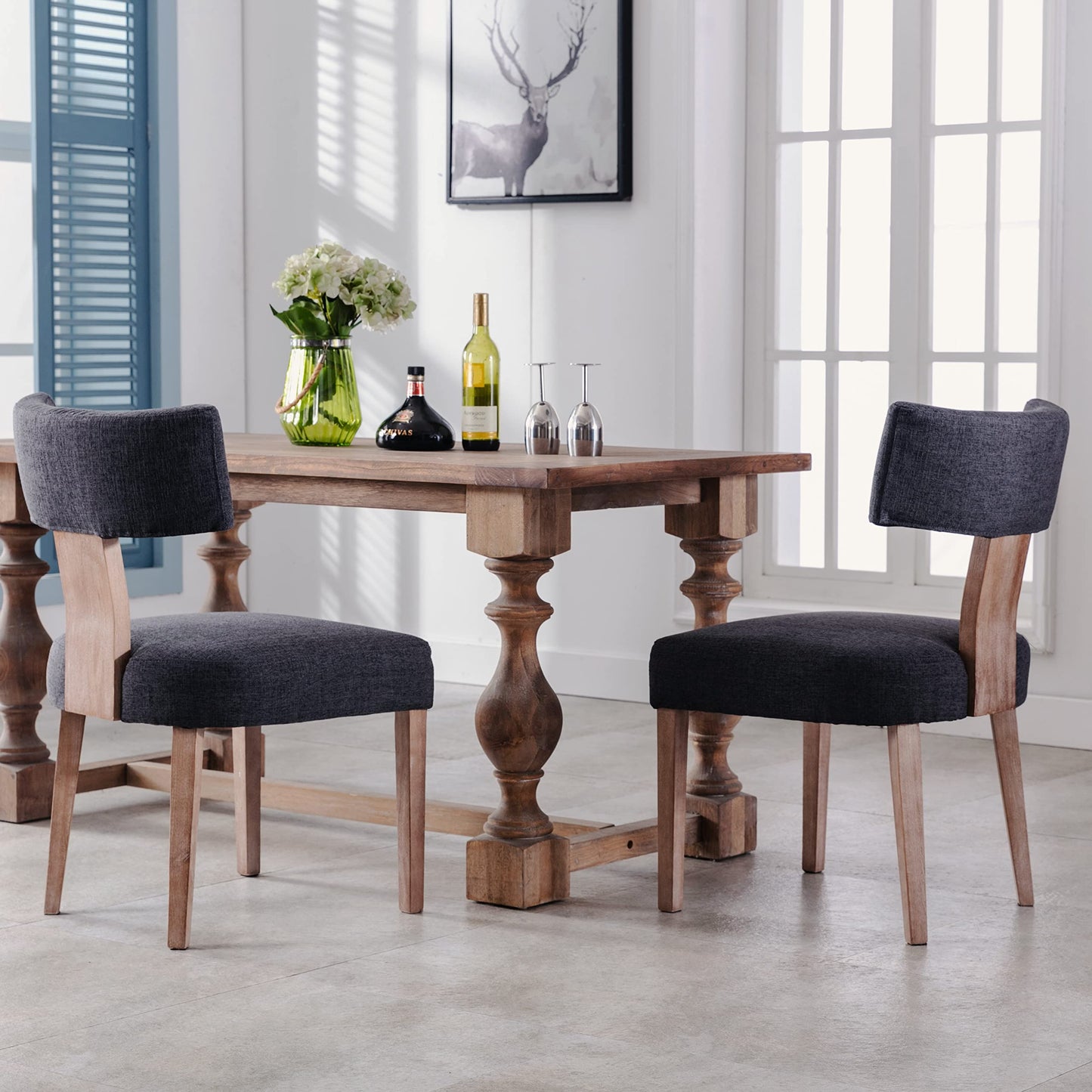 BESTANO Modern Dining Chairs Set of 4, Comfy Upholstered Side Chairs with Wood Legs, Linen Fabric Dining Chairs with Curved Wingback for Living Room Bedroom, Charcoal