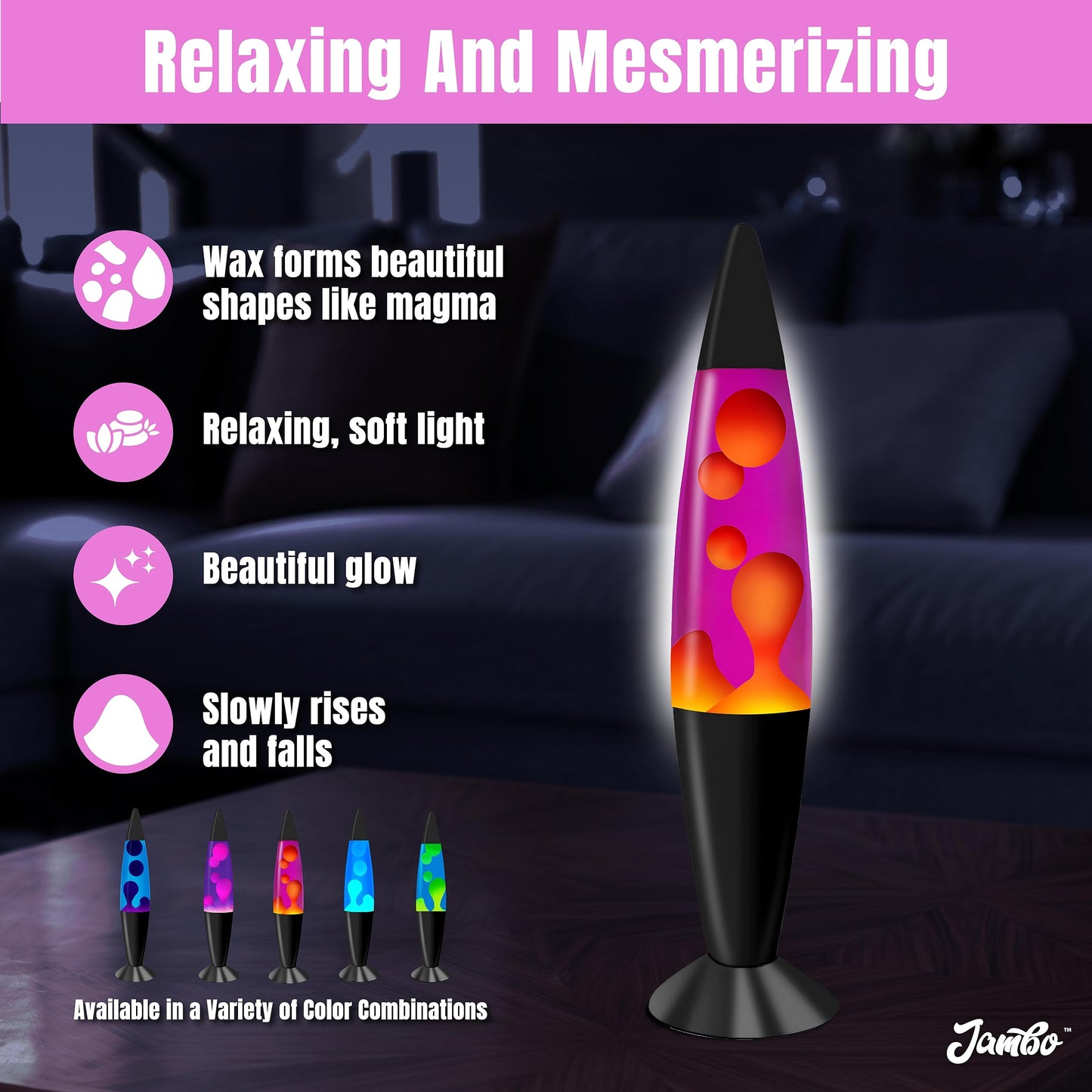 JAMBO 16" Beautiful Lamp- Purple with Yellow/Orange Wax, Relaxing Liquid Lamp for Living Room Office Bedroom Adults Teens Kids, Magma Light, Night Light Nightlight, Home Decor