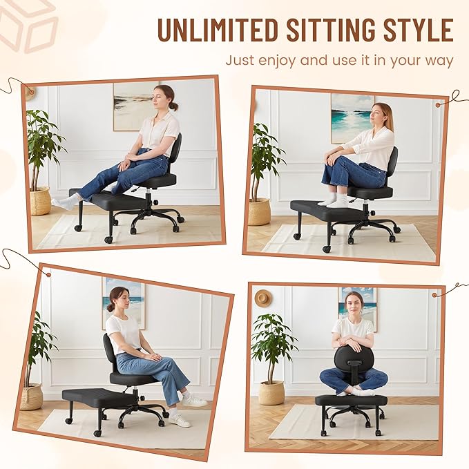 Homall Ergonomic Cross Legged Office Desk Chair with Wheels, 360° Swivel and Adjustable Height for Meditation and ADHD,Criss Cross Kneeling Chair with Lumbar Support (Leather, Black)