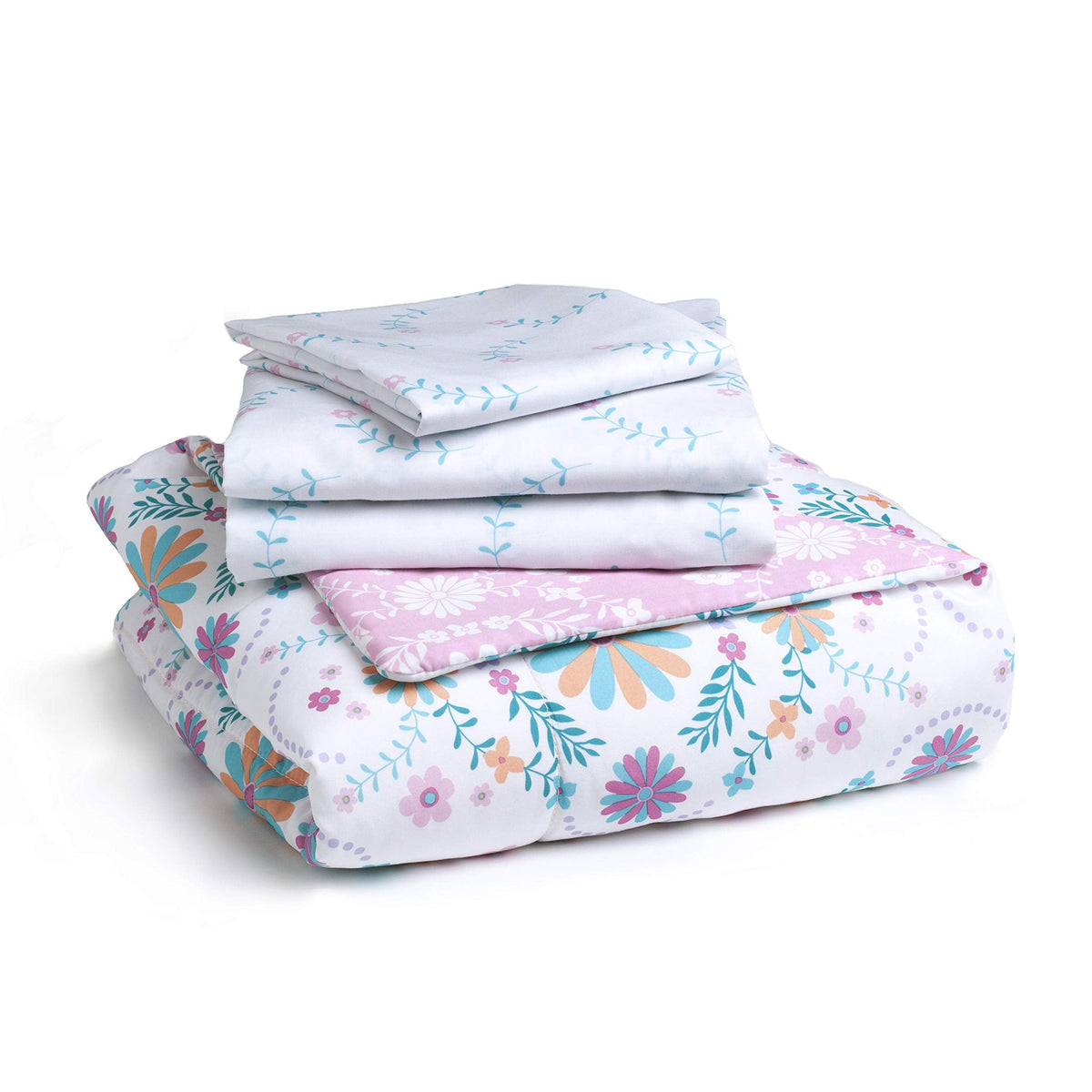 Delta Children 4 Piece Toddler Bedding Set for Girls - Reversible 2-in-1 Comforter - Includes Fitted Comforter to Keep Little Ones Snug, Bottom Sheet, Top Sheet, Pillow Case - Pink Bohemian