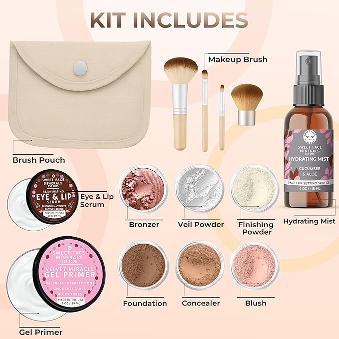 TIMELESS LOOK KIT (BEIGE) Full Size Mineral Makeup Set Matte Foundation Bare Face Sheer Powder Cover