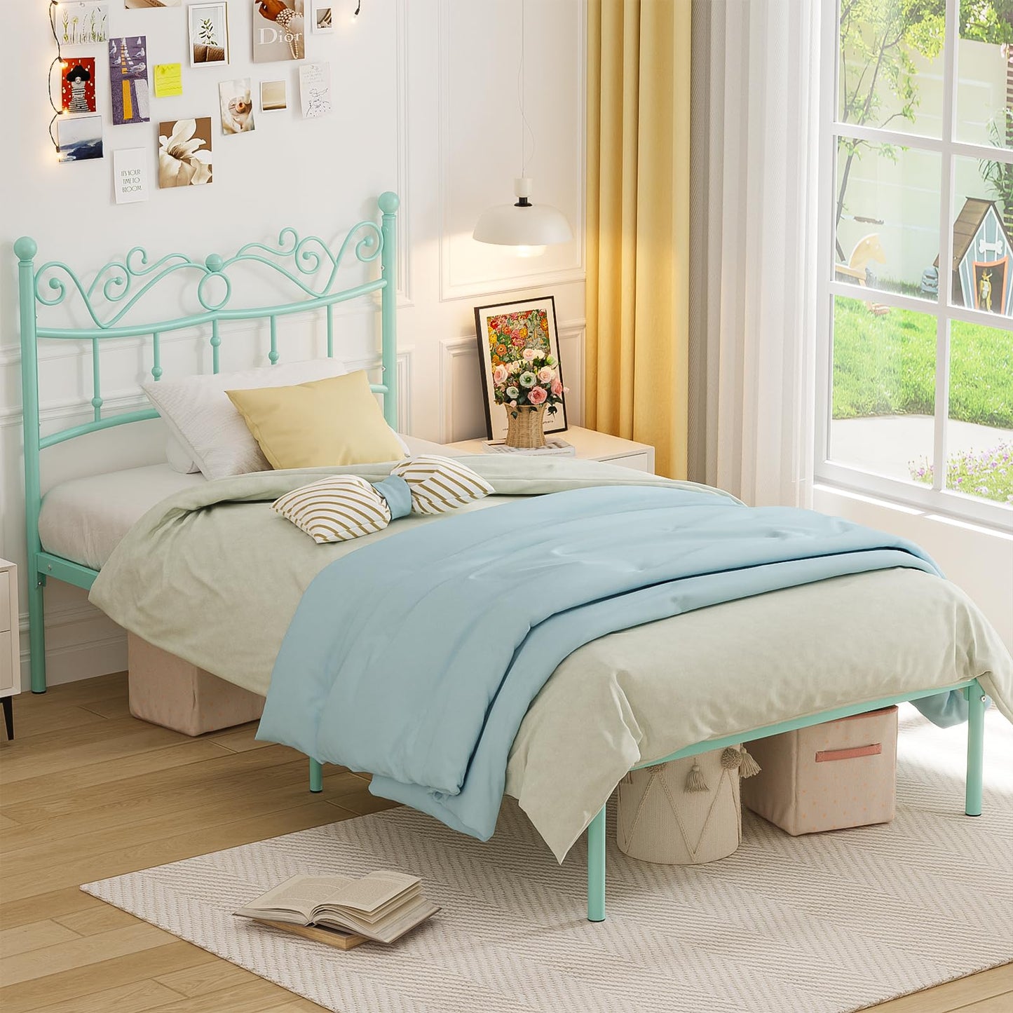 Merronix Twin Bed Frames with Headboard, Elegant Metal Bed Frame for Kids Girls, Modern Twin Size Platform Bed - No Box Spring Needed, 11.2 Inches Height Underbed Storage - Mint Green
