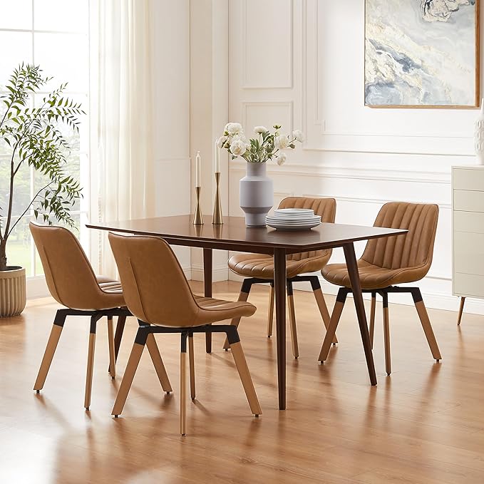Art Leon Swivel Dining Chairs Set of 2, Mid Century Modern Kitchen Dining Room Chairs, Upholstered Faux Leather Armless Side Chair with Wood Legs for Living Room Bedroom, Red Brown