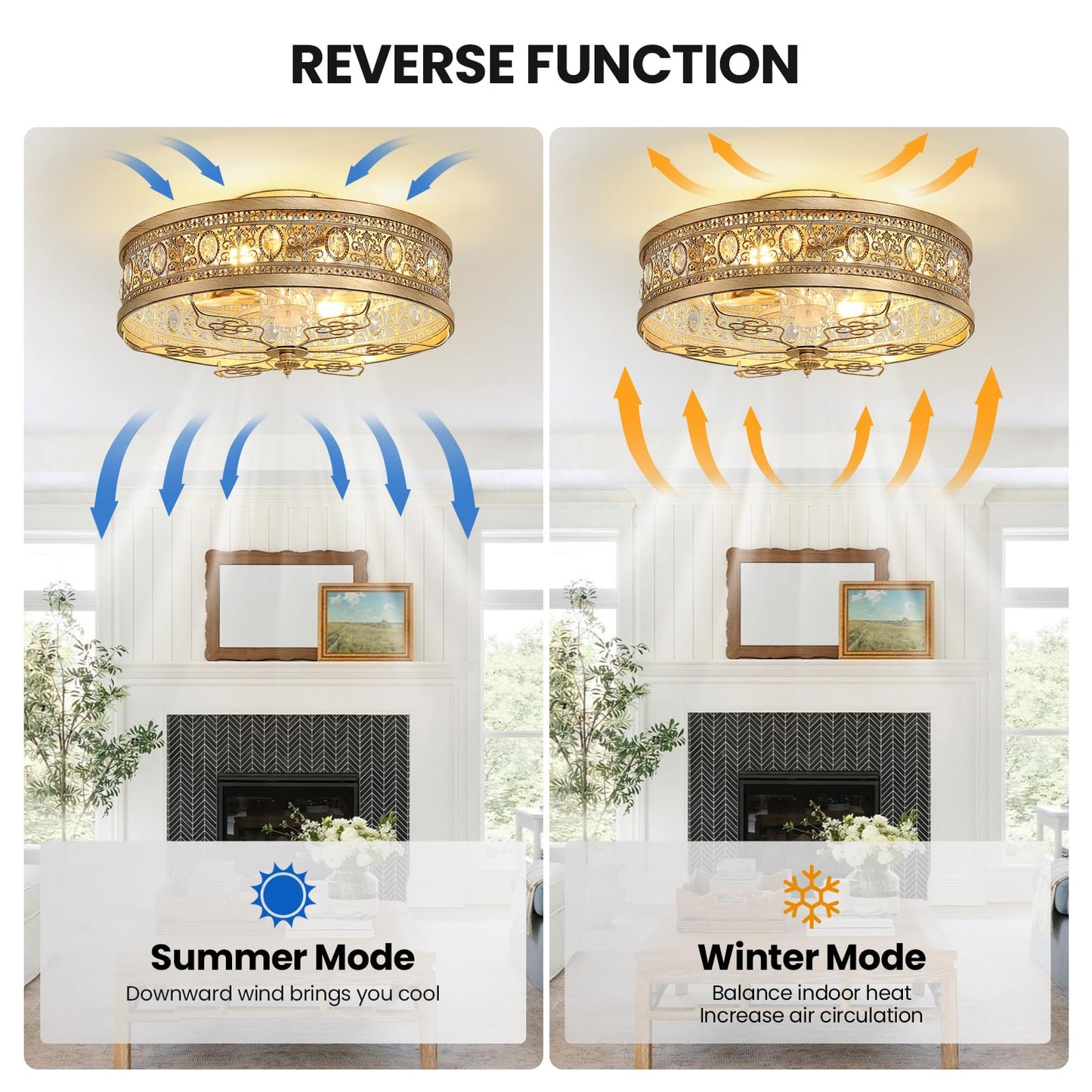 KAISITE Caged Ceiling Fan with Lights 19" Gold Vintage Rustic Crystal Fandelier Farmhouse Ceiling Fan with Remote Low Profile Bladeless Chandelier Fan Light Fixture for Bedroom Kitchen Living Room