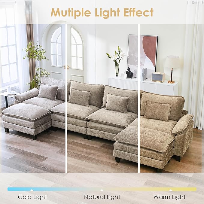 URRED Cloud Couch Modular Sectional Sofa, 157" Modern U Shaped Deep Seat Sofa with 2 Ottomans & Pillows, Ultra Comfy Chenille Couches for Living Room, Bedroom or Apartment, Khaki