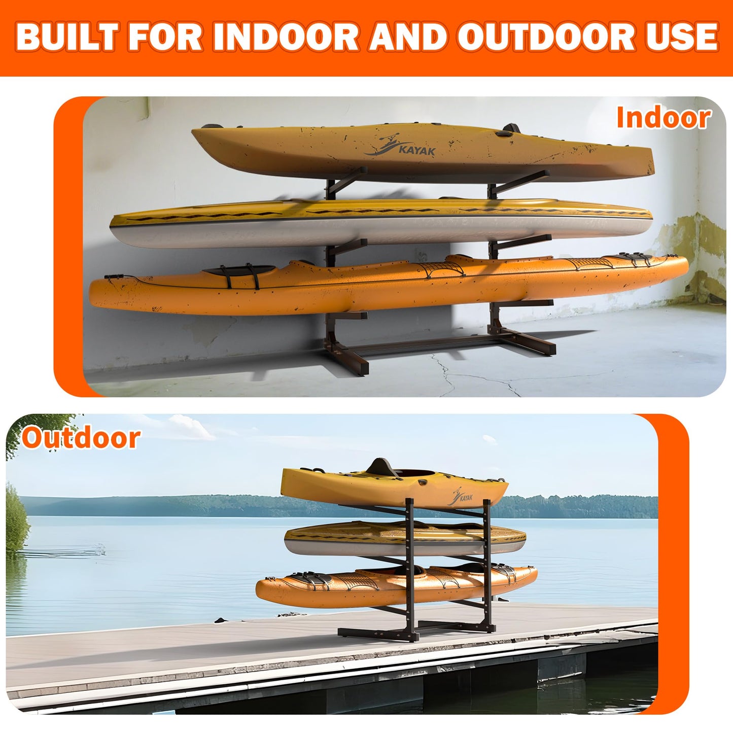 Ultrawall Kayak Storage Rack, Freestanding Kayak Rack for Garage, Adjustable Kayak Stand, Paddle Board Rack for Kayak, Canoe, Surfboard, 480lbs Capacity, Indoor & Outdoor Use, 3 Levels