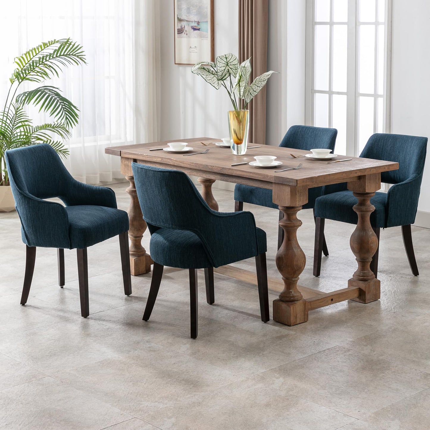 LZAREAL Modern Dining Chairs Set of 2 Upholstered Linen Accent Side Chair with Mid Open Back & Wood Legs, Arm Chair for Home Kitchen and Restaurant, Linen Blue