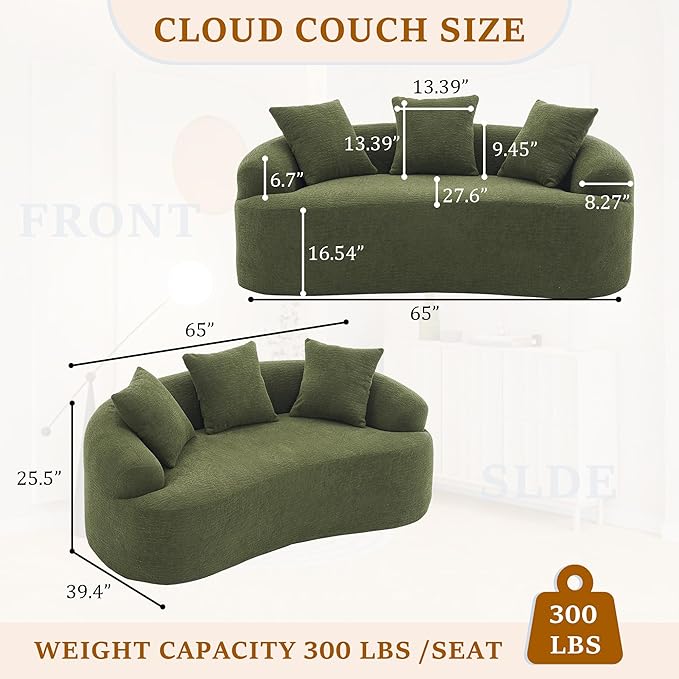 65'' Modern Curved Cloud Loveseat Sectional Sofa for Small Spaces, Luxury Plush Chenille Deep Seat Couch with 3 Pillows, No Assembly Needed Apartment Living Room Furniture, Green