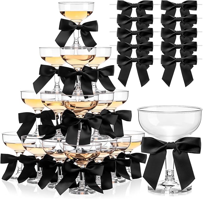 Zopeal 30 Set Champagne Tower Champagne Coupe Cocktail Glasses 5 oz with Satin Ribbon Bows 3.5 Inch Plastic Margarita Mart...