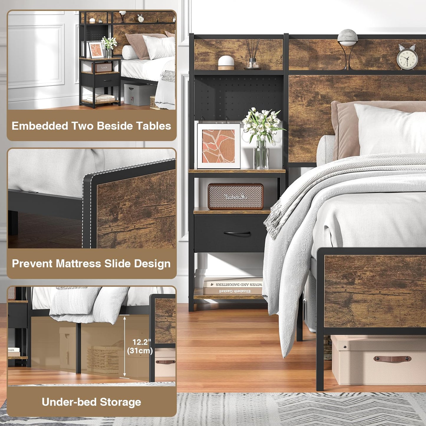 Queen Bed Frame with Set of 2 Bedside Tables with Canvas Drawers and Storage Headboard, Metal Platform Bed Frame with LED Light, Charging Station, Sturdy Metal Slats, No Box Spring Needed, Noise Free