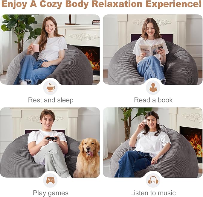 Homguava 4FT Bean Bag Chair for Adults,Teardrop Bean Bags Big Beanbag Chair with Memory Foam Filled and Ultra Soft Removable Corduroy Cover for Living Room, Bedroom (Grey)