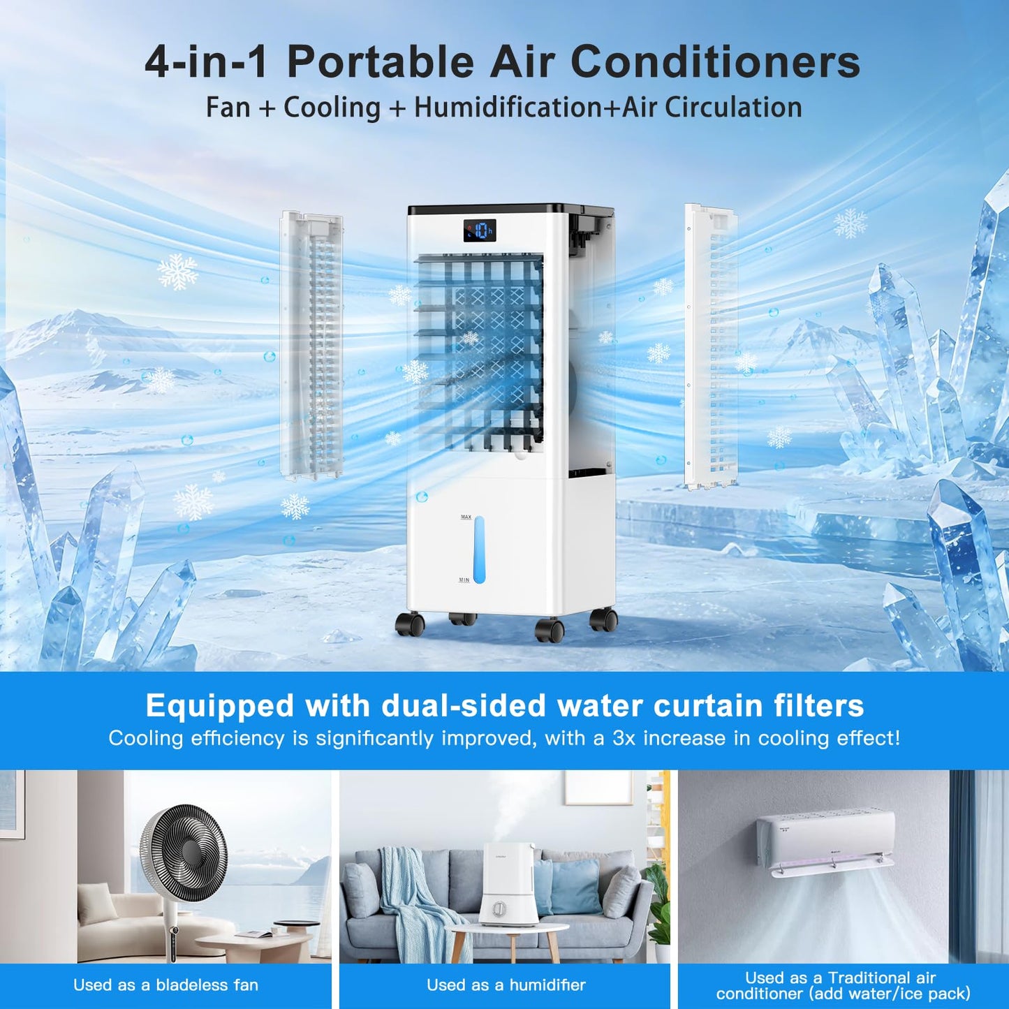 Portable Air Conditioners, 4-IN-1 Evaporative Air Cooler, Portable AC Unit w/ 4 Modes & 3 Speeds, Swamp Cooler w/ 12H Timer & Remote, Fast Cooling Room Air Conditioner for Bedroom Home Office Garage