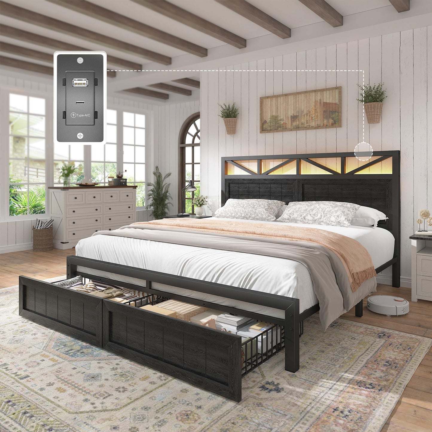 EnHomee Full Size Bed Frame with 2 Storage Drawers and Headboard Built in Charging Station & LED Light,NO Noise,No Box Spring Needed,Black