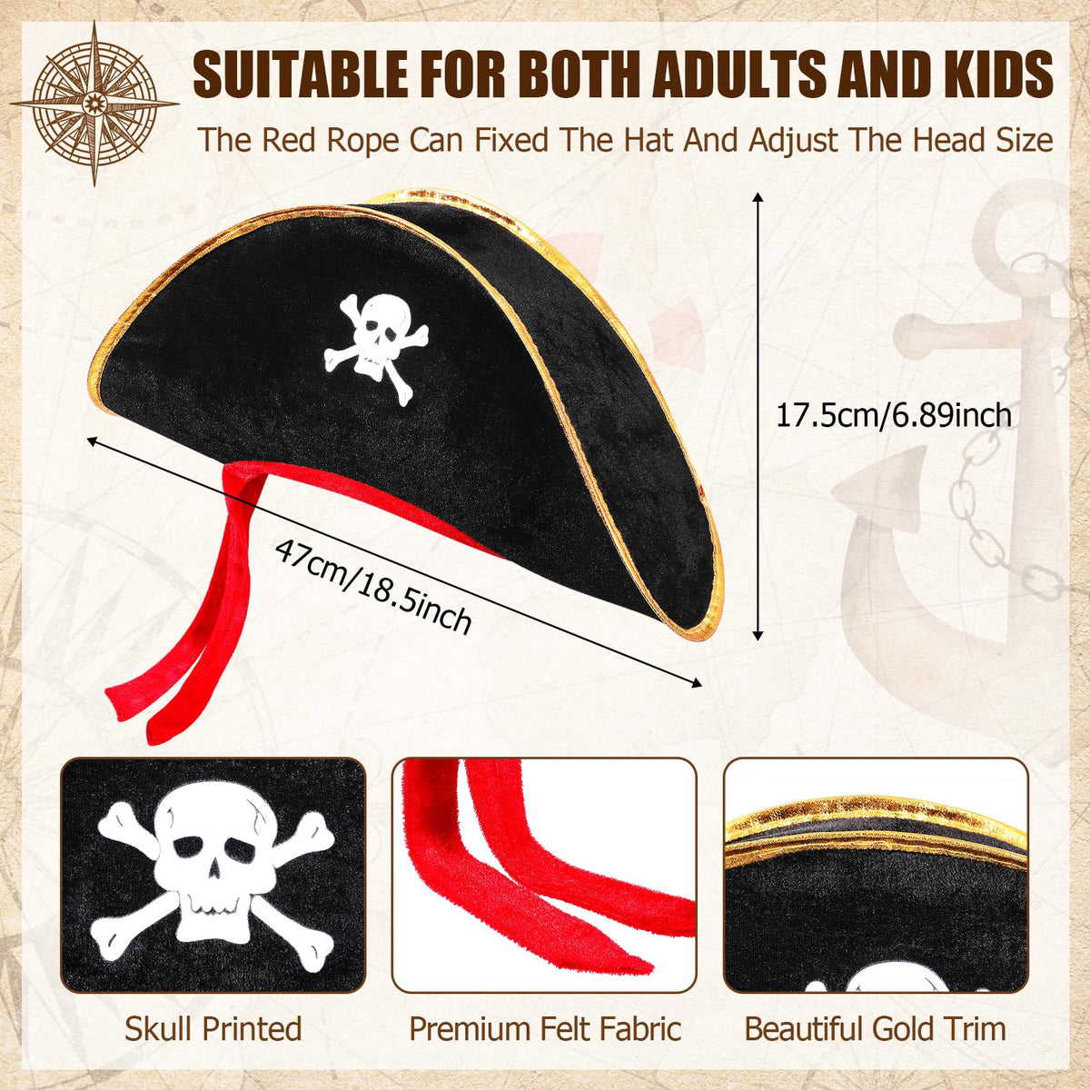 Hsei 8 Pcs Pirate Hat Skull Print Captain Costume Caps Party Accessories Hats for Halloween Cosplay Caribbean Nautical Themed