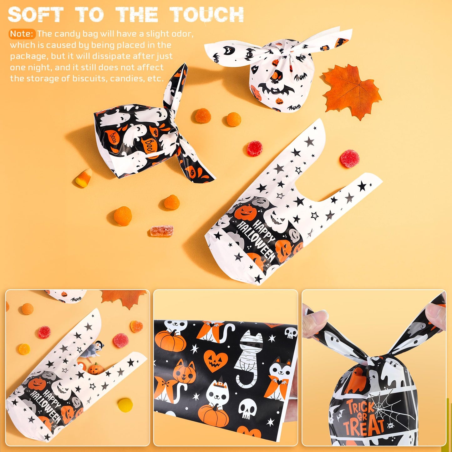 YIHCE Halloween Candy Bags 180 PCS, Cute Rabbit Ear Halloween Treat Bag Bulk, 6 Styles Small Plastic Goodie Bags for Trick or Treat, Pumpkin & Ghost Elements, Party Favor for Party Supplies