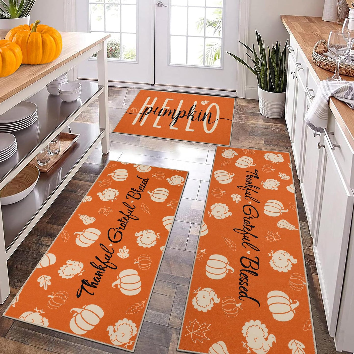 Ileading Fall Kitchen Rugs Set of 3, Washable Kitchen Mats for Floor, Non Slip Thanksgiving Kitchen Rugs and Mats Decor, Autumn Harvest Hello Pumpkin Floor Carpet for Kitchen Hallway Laundry Room