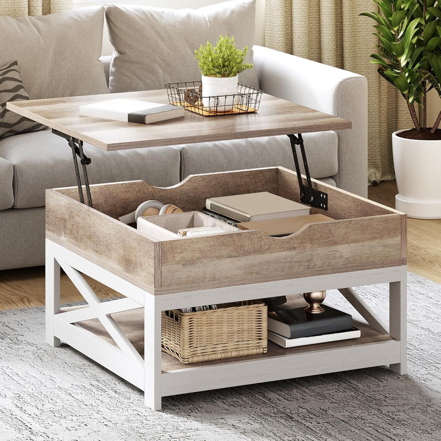 YITAHOME Coffee Tables with Living Room, Lift Top Coffee Table with Storage, Farmhouse Coffee Table, Square Wood Center Table Cocktail Table, Grey Wash