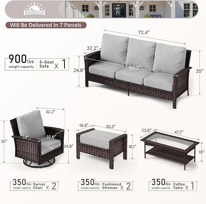 SUNSHINE VALLEY 6 Piece Patio Furniture Set with Swivel Chairs, High Back Wicker Rattan Sofa with Extra Thick Cushion, Coffee Table and Ottoman, Outdoor Conversation Set for Backyard Deck, Grey