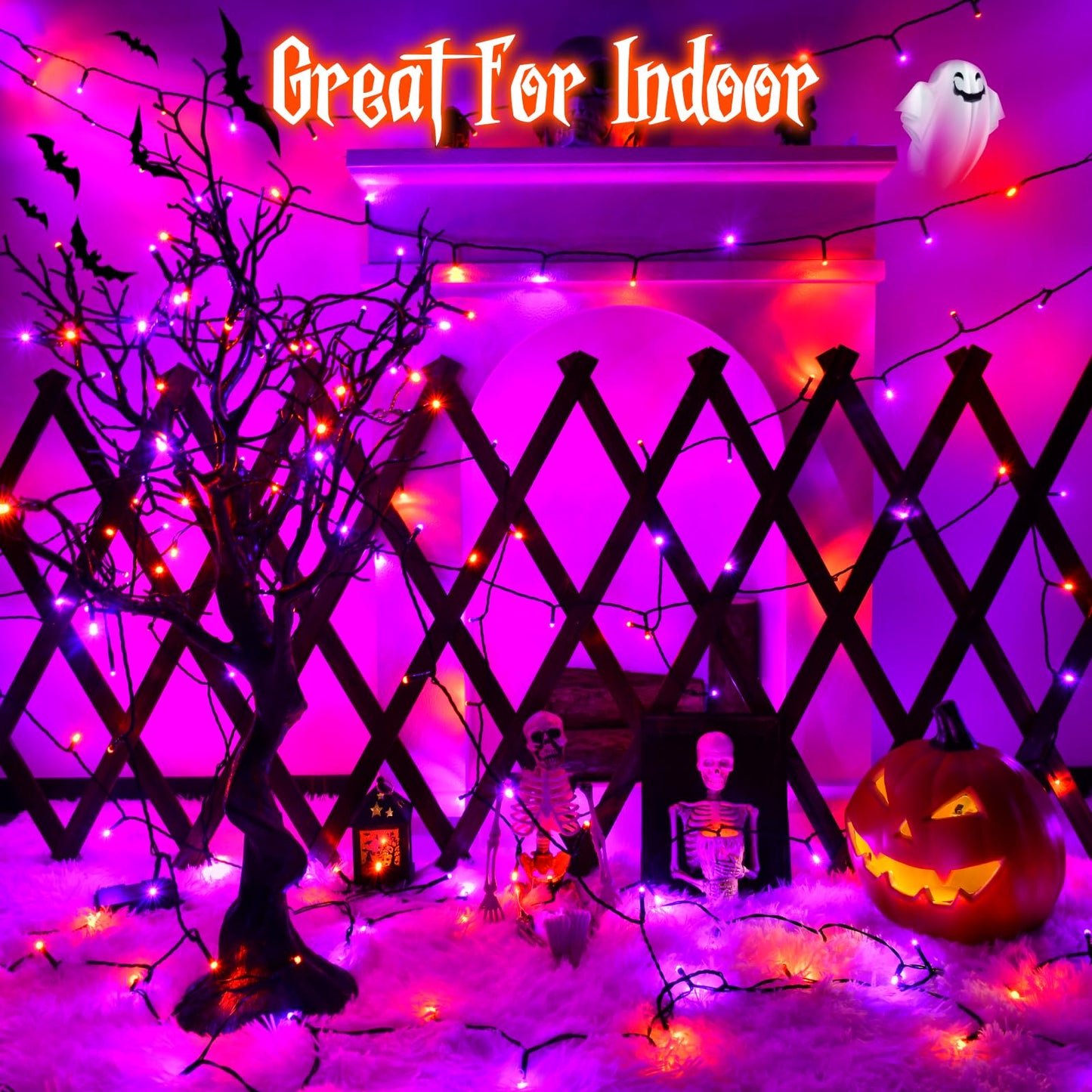 FFZZKJ Halloween Lights String Total 100LED Battery Operated Outdoor 8 Modes with Timer 16.4Ft*2, 50LED*2 Waterproof Fairy Lights Indoor for Halloween Decor, Orange&Purple, 2-Pack